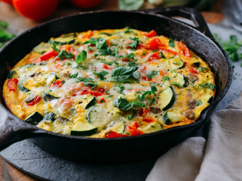Eine Zucchini-Frühstückspfanne auf einem Untersetzer. Neben der Pfanne liegt ein weißes Küchentuch. Im Hintergrund sieht man noch Tomaten sowie frische Kräuter.