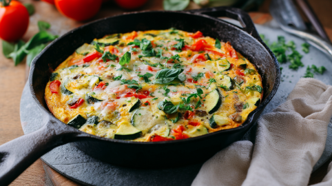 Eine Zucchini-Frühstückspfanne auf einem Untersetzer. Neben der Pfanne liegt ein weißes Küchentuch. Im Hintergrund sieht man noch Tomaten sowie frische Kräuter.