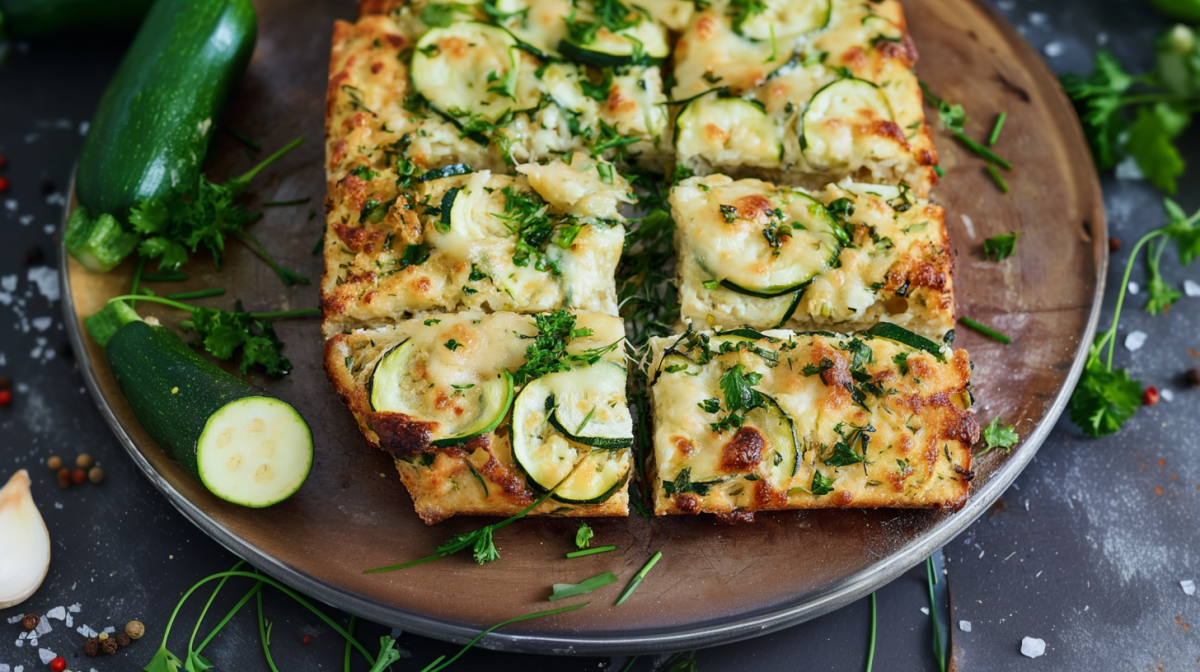 Zucchini-Grillbrot, serviert auf einem großen Teller. Daneben liegen aufgeschnittene Zucchini und frische Kräuter als Dekoration.