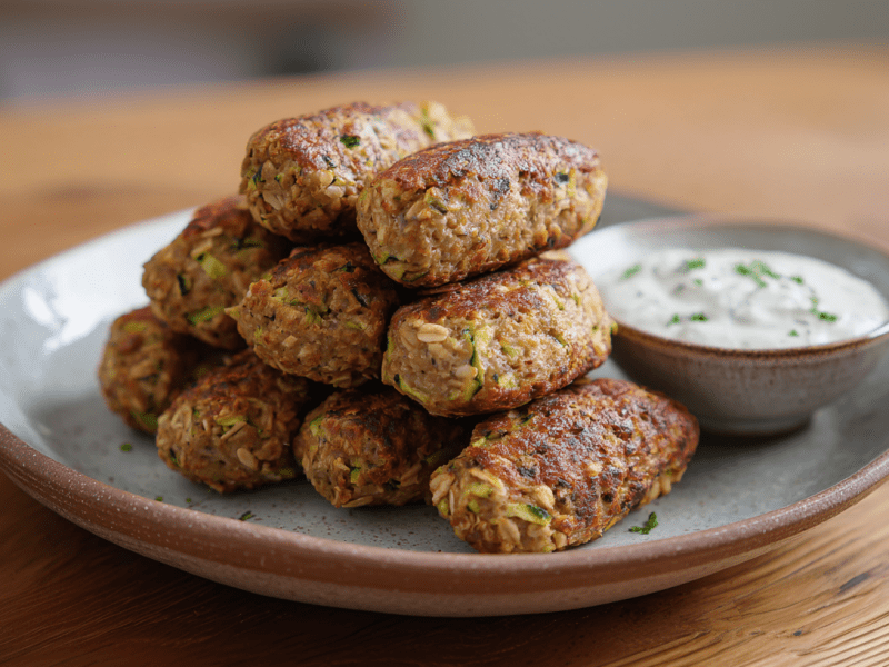 Neun Zucchini-Haferflockenröllchen liegen auf einem grauen Teller. Rechts neben ihnen steht ein Dip auf dem Teller. Der Teller steht auf einem Holztisch.