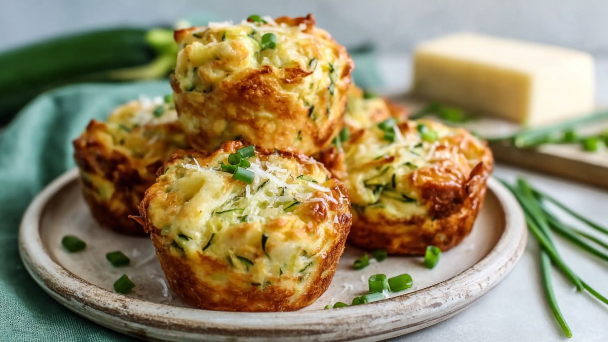 Ein Teller mit einigen Zucchini-Kartoffel-Muffins, die zu einem kleinen Stapel arrangiert sind. Im Hintergrund kann man zudem eine Zucchini, einen Block Butter oder Käse sowie einzelne Frühlingszwiebeln erkennen.