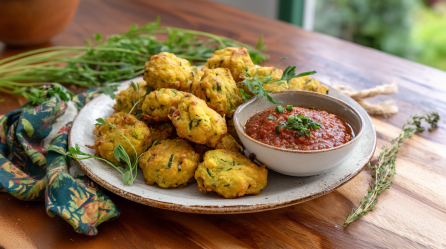 Zucchini-Knoblauch-Bites auf einem grauen Teller. Mit auf dem Teller steht ein Knoblauchdip. Im Hintergrund liegen frische Kräuter. Links neben dem Teller ein buntes Tuch.
