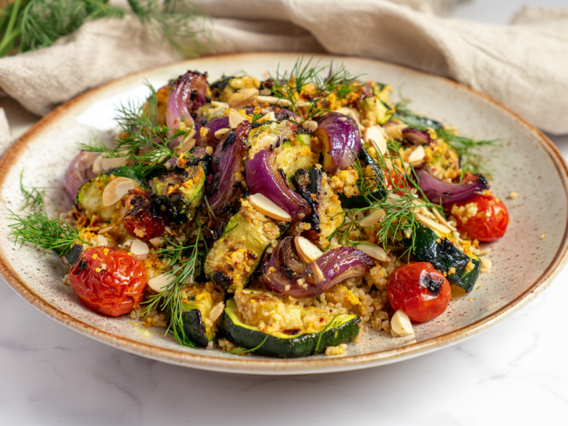 Ein Teller Zucchini-Mandel-Bulgur. Im Hintergrund liegt ein Stofftuch sowie frischer Dill.