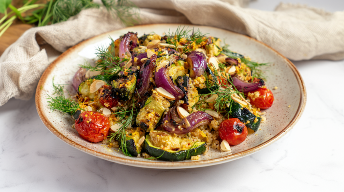 Ein Teller Zucchini-Mandel-Bulgur. Im Hintergrund liegt ein Stofftuch sowie frischer Dill.