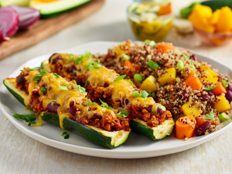 Gefüllte Zucchini mit Chili con Carne liegen auf einem weißen Teller. Daneben liegt eine Portion Bulgur mit Gemüse. Im Hintergrund sieht man von links nach rechts weitere Zutaten, wie Karotten, Zwiebeln und Zucchini.