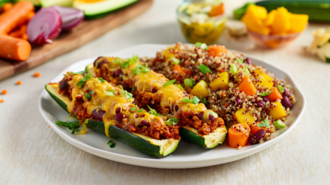 Gefüllte Zucchini mit Chili con Carne liegen auf einem weißen Teller. Daneben liegt eine Portion Bulgur mit Gemüse. Im Hintergrund sieht man von links nach rechts weitere Zutaten, wie Karotten, Zwiebeln und Zucchini.