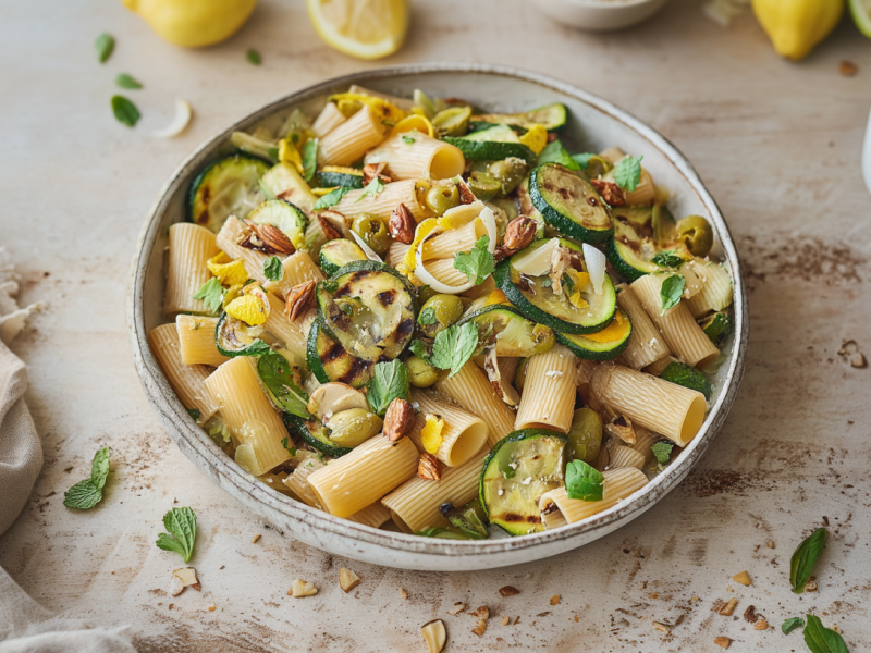 Ein Teller mit Zucchini-Nudelsalat. Um den Teller liegen frische Kräuter und gehackte Mandeln verteilt. Links im Bild liegt ein beiges Tuch mit einer geviertelten Zitrone darauf. Oben im Bild sieht man weitere Zitronen.