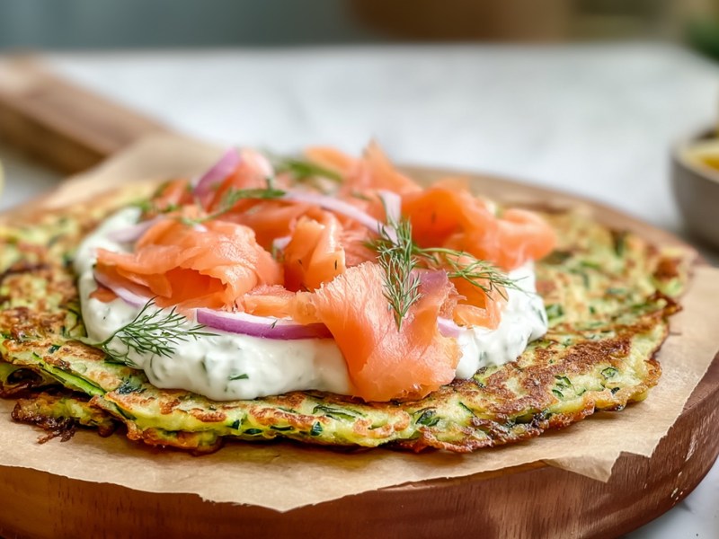 Ein großer flacher Zucchini-Pfannkuchen mit Kräuterquark und Lachs, der mit einigen roten Zwiebeln und etwas frischem Dill garniert ist. Der Pfannkuchen liegt auf einem runden Holzbrett mit Backpapier. Im Hintergrund kann man Zitronen und einen Küchenhintergrund erkennen.