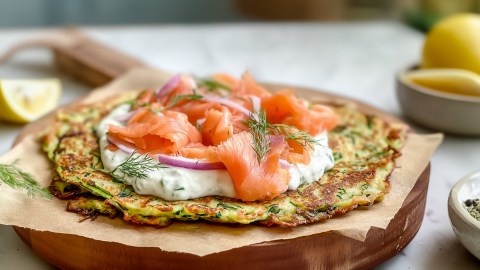 Ein großer flacher Zucchini-Pfannkuchen mit Kräuterquark und Lachs, der mit einigen roten Zwiebeln und etwas frischem Dill garniert ist. Der Pfannkuchen liegt auf einem runden Holzbrett mit Backpapier. Im Hintergrund kann man Zitronen und einen Küchenhintergrund erkennen.