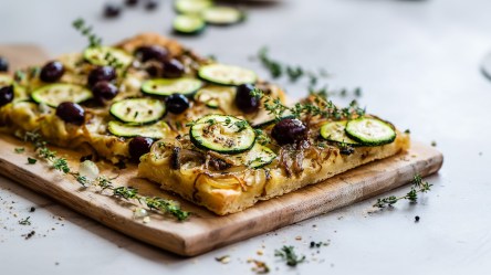 Eine Zucchini-Pissaladière, mit Zucchini, karamellisierten Zwiebeln, schwarzen Oliven und Sardellen. Die Pissaladière liegt auf einem Holzbrett. Ringsum liegt frischer Thymian verstreut.