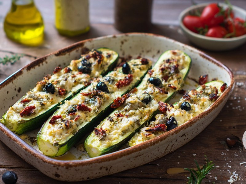 Eine Auflaufform mit Zucchini-Schiffchen mit Ricotta-Füllung. Ringsum liegen ein paar Oliven auf dem Tisch, genauso wie frische Kräuter, eine Knoblauchknolle, eine Schale mit frischen Tomaten und eine Schale mit geriebenem Pecorino. Außerdem kann man ein Gefäß mit Olivenöl sowie angedeutet eine Salz- und Pfeffermühle sehen.