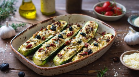 Eine Auflaufform mit Zucchini-Schiffchen mit Ricotta-Füllung. Ringsum liegen ein paar Oliven auf dem Tisch, genauso wie frische Kräuter, eine Knoblauchknolle, eine Schale mit frischen Tomaten und eine Schale mit geriebenem Pecorino. Außerdem kann man ein Gefäß mit Olivenöl sowie angedeutet eine Salz- und Pfeffermühle sehen.