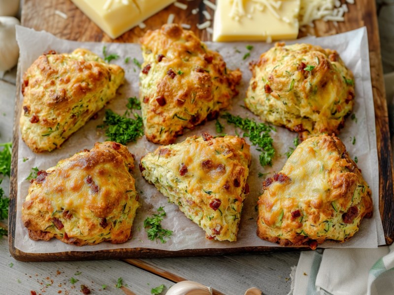 Ein Holzbrett, das mit weißem Backpapier ausgelegt ist und auf dem sechs Zucchini-Scones mit Käse und Speck liegen. Im Hintergrund kann man Käsestücke und etwas geriebenen Käse erkennen. Außerdem liegt frische gehackte Petersilie verteilt herum, genauso wie etwas Knoblauch. Ein Küchenhandtuch ist an der rechten Bildseite drapiert.