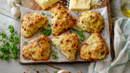 Ein Holzbrett, das mit weißem Backpapier ausgelegt ist und auf dem sechs Zucchini-Scones mit Käse und Speck liegen. Im Hintergrund kann man Käsestücke und etwas geriebenen Käse erkennen. Außerdem liegt frische gehackte Petersilie verteilt herum, genauso wie etwas Knoblauch. Ein Küchenhandtuch ist an der rechten Bildseite drapiert.