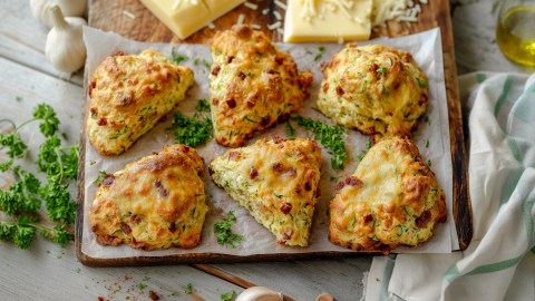Ein Holzbrett, das mit weißem Backpapier ausgelegt ist und auf dem sechs Zucchini-Scones mit Käse und Speck liegen. Im Hintergrund kann man Käsestücke und etwas geriebenen Käse erkennen. Außerdem liegt frische gehackte Petersilie verteilt herum, genauso wie etwas Knoblauch. Ein Küchenhandtuch ist an der rechten Bildseite drapiert.