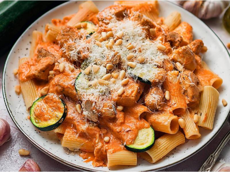 Teller mit Tomaten-Zucchini-Pasta mit Hühnchen