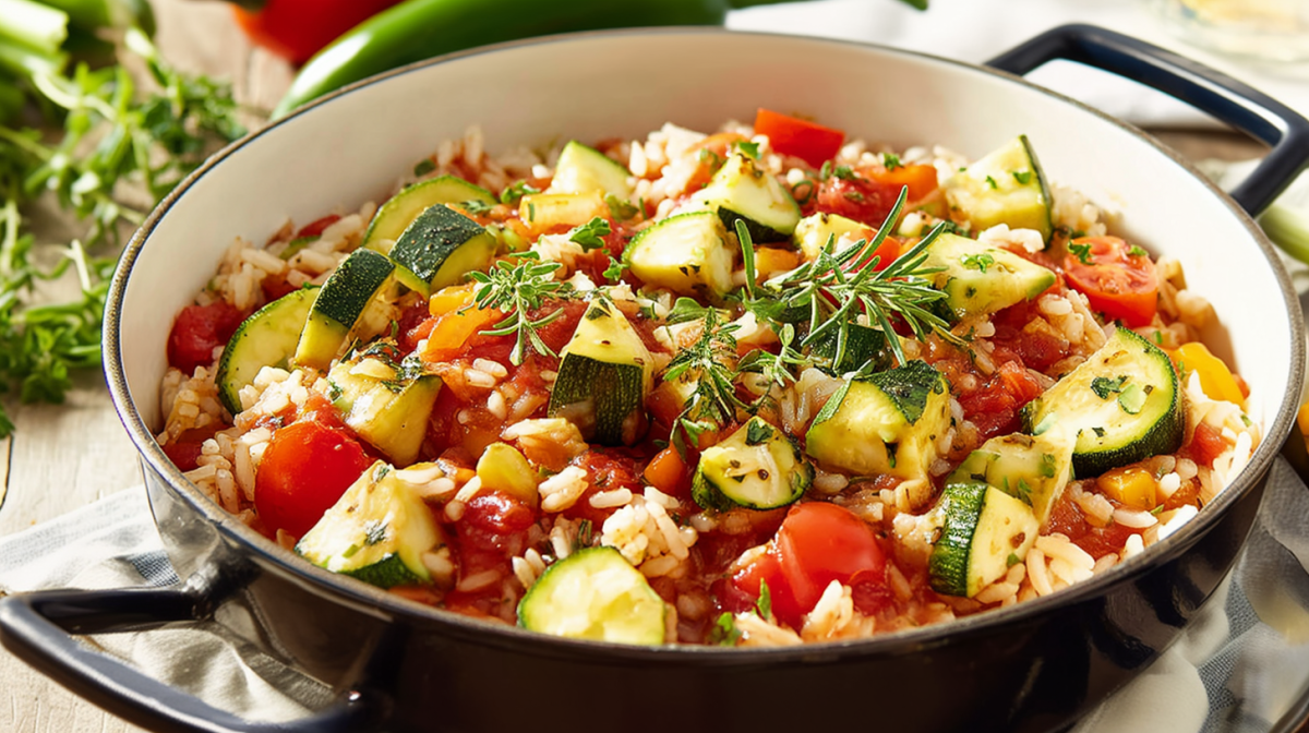 Zucchini-Tomaten-Reis, serviert in einer Pfanne.