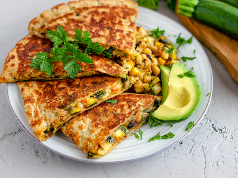 Zucchini-Tortillas auf einem Teller, angerichtet mit Rührei und Avocado.