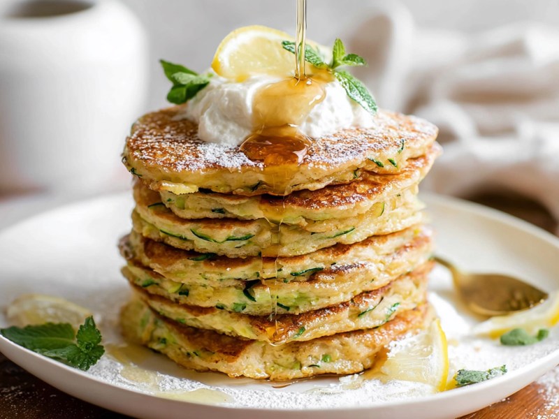 Ein Stapel Zucchini-Zitronen-Pancakes mit Ricotta, die mit einem Klecks Ricotta, einer Zitronenscheibe und frischer Minze garniert sind. Von oben wird Honig drüber geträufelt. Im Hintergrund ist ein weißes Laken drapiert und eine weiße Vase ist zu erkennen.