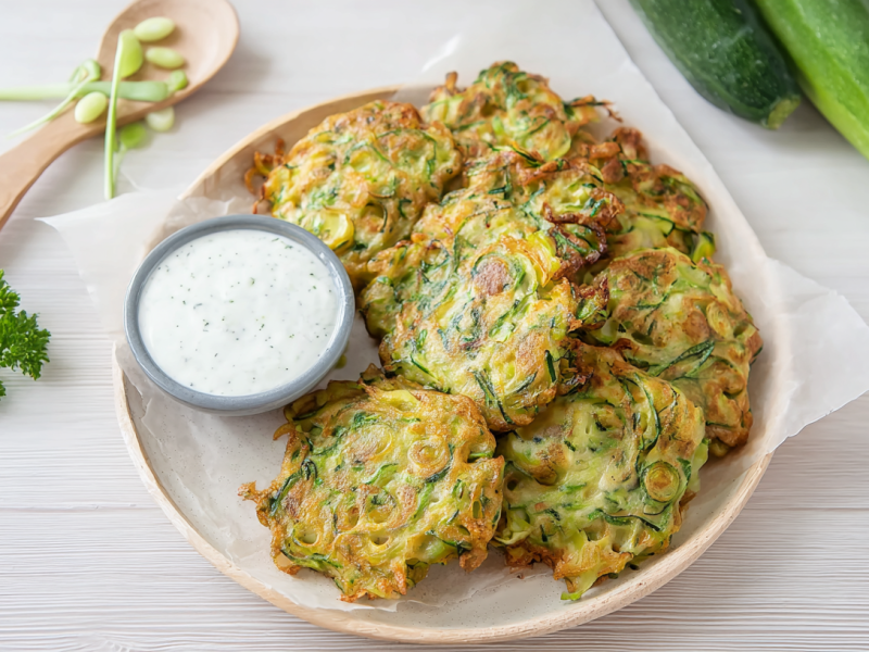 Zucchinipuffer auf einem Teller. Daneben ein Dip und eine Holzgabel.