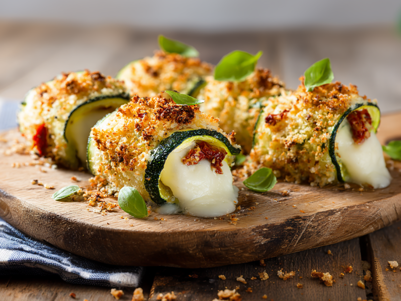 Zucchiniröllchen aus dem Airfryer liegen auf einem rustikalen Holzbrett. Das Brett liegt auf einem Küchentuch auf einem Holztisch. Die Röllchen sind mit Basilikumblättern dekoriert.