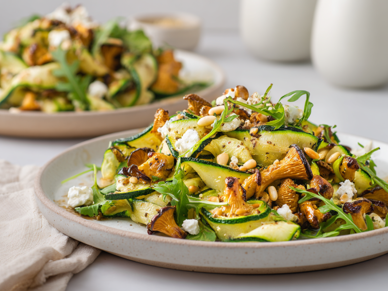 Ein Zucchinisalat mit gebratenen Pfifferlingen auf einem hellen Teller. Links im Bild liegt ein beiges Küchentuch. Im Hintergrund steht ein weiterer Teller mit dem Salat.