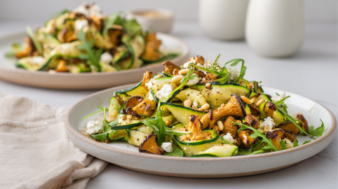 Ein Zucchinisalat mit gebratenen Pfifferlingen auf einem hellen Teller. Links im Bild liegt ein beiges Küchentuch. Im Hintergrund steht ein weiterer Teller mit dem Salat.