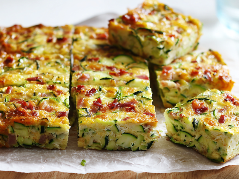 Zucchinischnitten mit Ei und Bacon auf einem Stück Backpapier, das auf einem Holzbrett liegt.