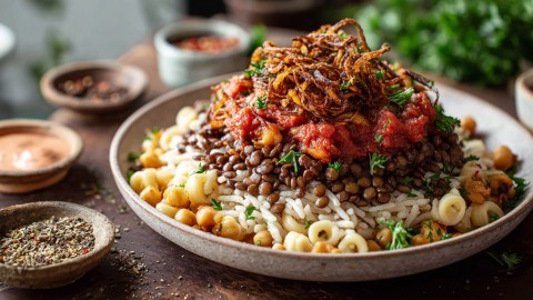 Ein großer Teller mit ägyptischem Koshari, das aus Reis, Nudeln, Kichererbsen, Linsen, einer Tomatensoße und karamellisierten Zwiebeln zubereitet und in Schichten angerichtet ist. Ringsum stehen kleine Schalen mit Gewürzen und im Hintergrund ist frische Petersilie zu erkennen.