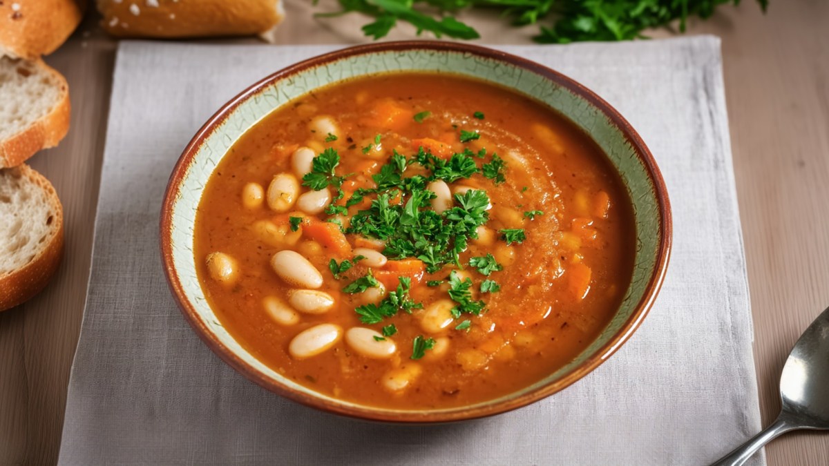 Ein Teller mit albanischer Bohnensuppe, die mit frischer Petersilie garniert ist. Der Teller steht auf einem Untersetzer. Außerdem kann man einen Löffel, einige Scheiben Brot und frische Kräuter erkennen.
