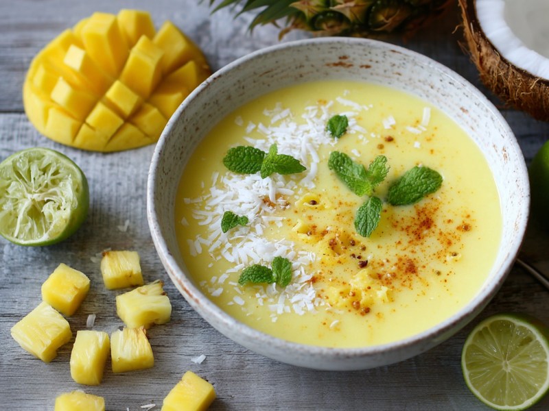 Eine Ananas-Kaltschale, die umringt ist von einer gewürfelten und aufgefächerten Mango, Ananasstückchen, einer ausgepressten und einer normalen Limettenhälfte und einer ganzen Limette und einer halben Kokosnuss.