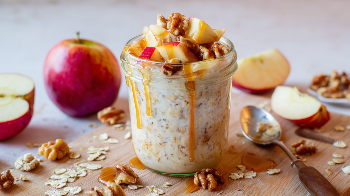 Ein Glas Apfelkuchen Overnight Oats steht auf einem Holzbrett. Es ist mit Apfelstücken, Walnüssen und Ahornsirup getoppt. Im Hintergrund liegen mehrere Äpfel, die meisten davon kleingeschnitten. Um das Glas verteilt liegen Haferflocken und Walnüsse.