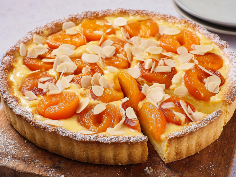 Aprikosen-Schmand-Tarte mit Mandelblättchen auf einem Holzbrett.