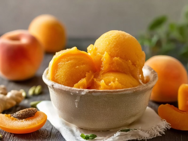 Eine kleine Keramikschale mit ein paar Kugeln Aprikosen-Sorbet. Drum herum liegen einige frische Aprikosen, ein paar Aprikosenstücke sowie frischer Ingwer und einige Kardamomkapseln. Die Schale steht auf einem kleinen Stoffuntersetzer.