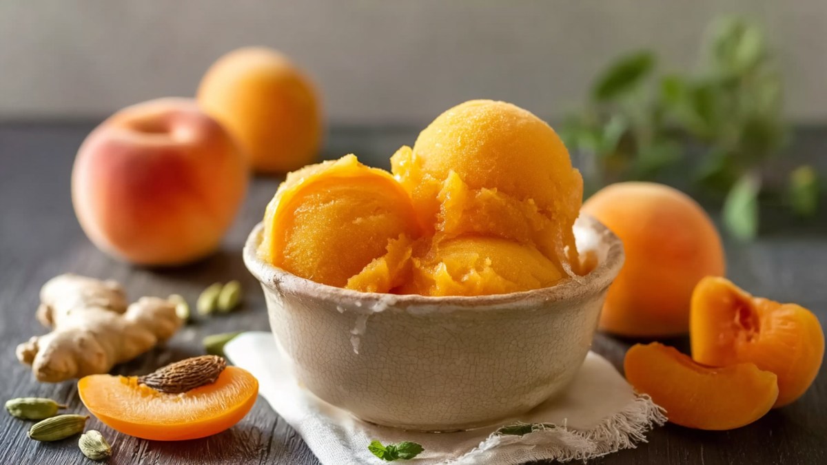 Eine kleine Keramikschale mit ein paar Kugeln Aprikosen-Sorbet. Drum herum liegen einige frische Aprikosen, ein paar Aprikosenstücke sowie frischer Ingwer und einige Kardamomkapseln. Die Schale steht auf einem kleinen Stoffuntersetzer.