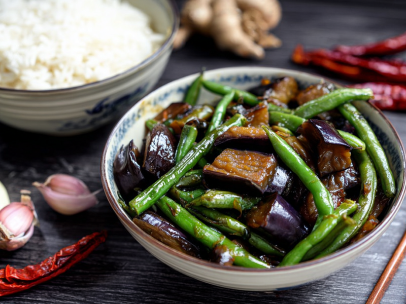 Eine Schale Auberginen-Bohnen-Stir-Fry, serviert mit einer Schale Reis.