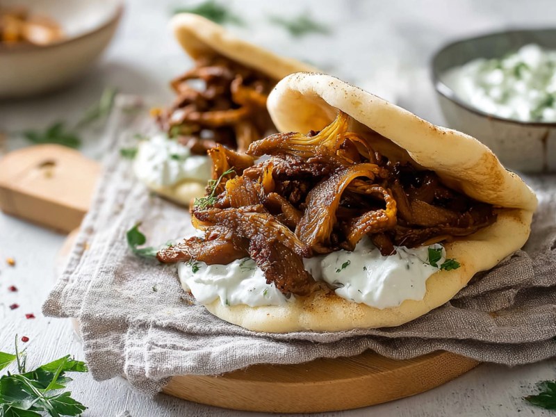 Ein Pitabrot, das mit veganem Zaziki und Austernpilz-Gyros gefüllt ist und auf einer Stoffserviette auf einem Holzbrett serviert ist. Im Hintergrund kann man eine Schale Zaziki und eine Schale mit etwas Gyros sehen. Außerdem liegen frische Kräuter verstreut.