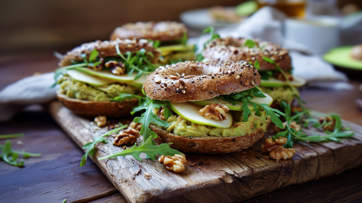 Vier Avocado-Birnen-Bagel liegen auf einem rustikalen Holzbrett. Sie sind mit Rucola und Walnüssen verfeinert. Im Hintergrund sieht man ein graues Küchentuch und eine halbierte Avocado