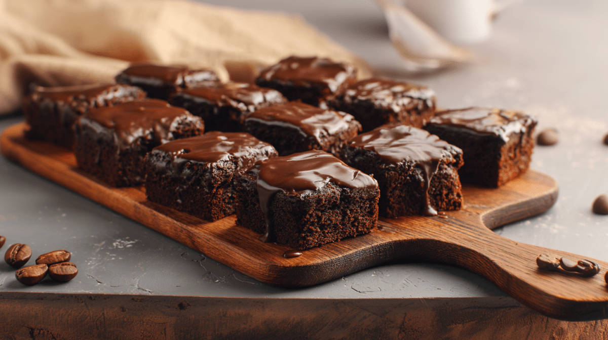 Mehrere Avocado-Brownies mit frischer Schokoglasur auf einem Holzbrett. Links und rechts davon liegen einige Kaffeebohnen. Im Hintergrund liegt ein beigefarbenes Tuch.