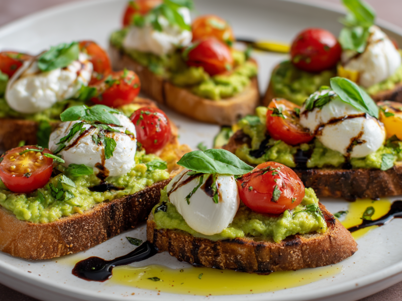 Ein Teller, angerichtet mit Avocado-Burrata-Bruschetta. Olivenöl und Balsamicocreme als Garnitur oben drauf.