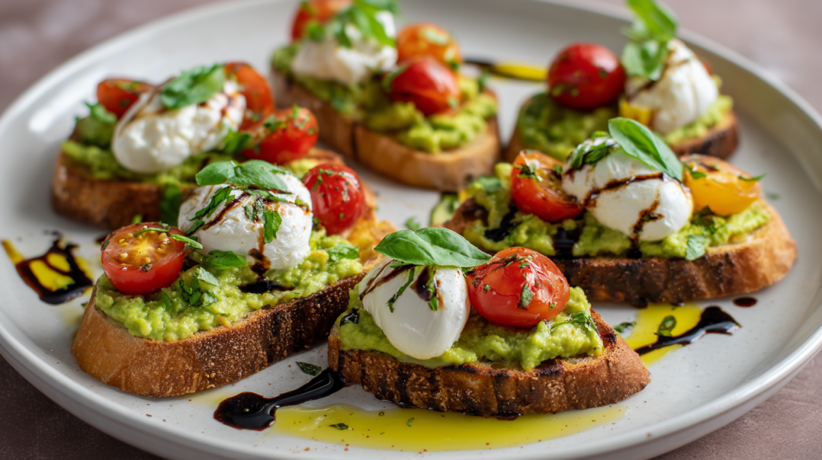 Ein Teller, angerichtet mit Avocado-Burrata-Bruschetta. Olivenöl und Balsamicocreme als Garnitur oben drauf.