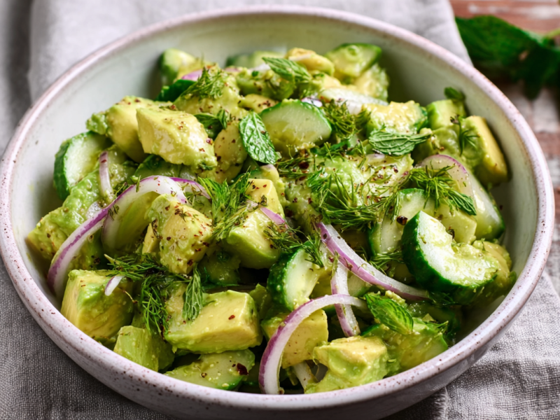 Eine Schale Avocado-Gurkensalat mit roten Zwiebeln.