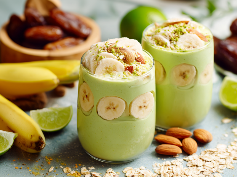 Zwei Gläser mit Avocado-Kefir-Smoothie, verziert mit Bananenscheiben und gemahlenen Mandeln. Drum herum liegen Bananen, Datteln, Mandeln und Haferflocken als Deko.
