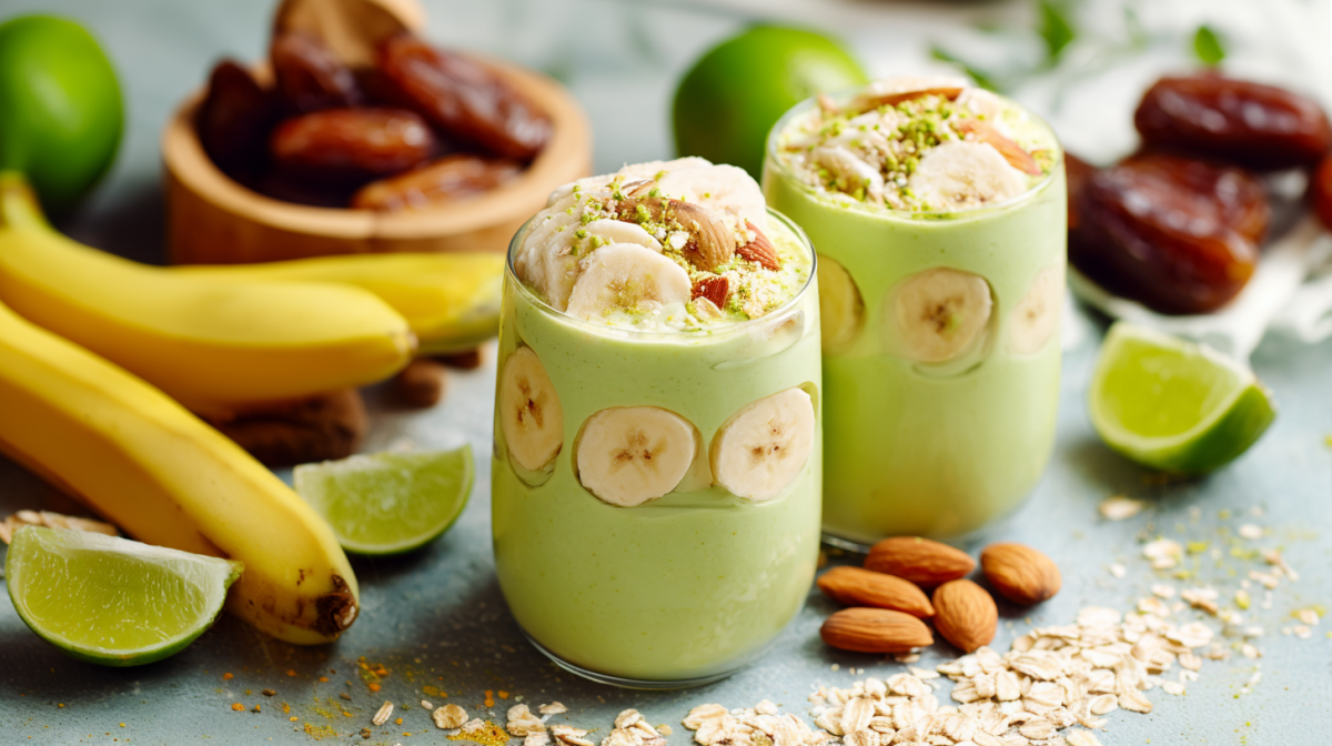 Zwei Gläser mit Avocado-Kefir-Smoothie, verziert mit Bananenscheiben und gemahlenen Mandeln. Drum herum liegen Bananen, Datteln, Mandeln und Haferflocken als Deko.