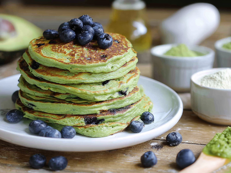 Ein Stapel Avocado-Pancakes ohne Mehl mit Heidelbeeren.