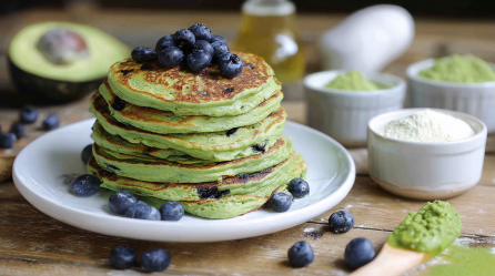 Ein Stapel Avocado-Pancakes ohne Mehl mit Heidelbeeren.