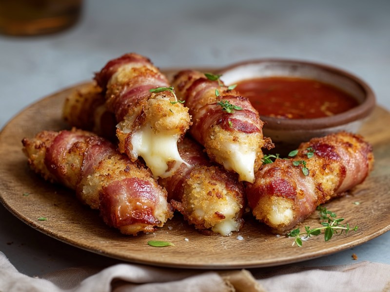 Ein runder Holzteller mit Bacon-Mozzarella-Sticks und einer Schale mit einem roten Dip. Im Vordergrund kann man ein drapiertes Küchenhandtuch erkennen.