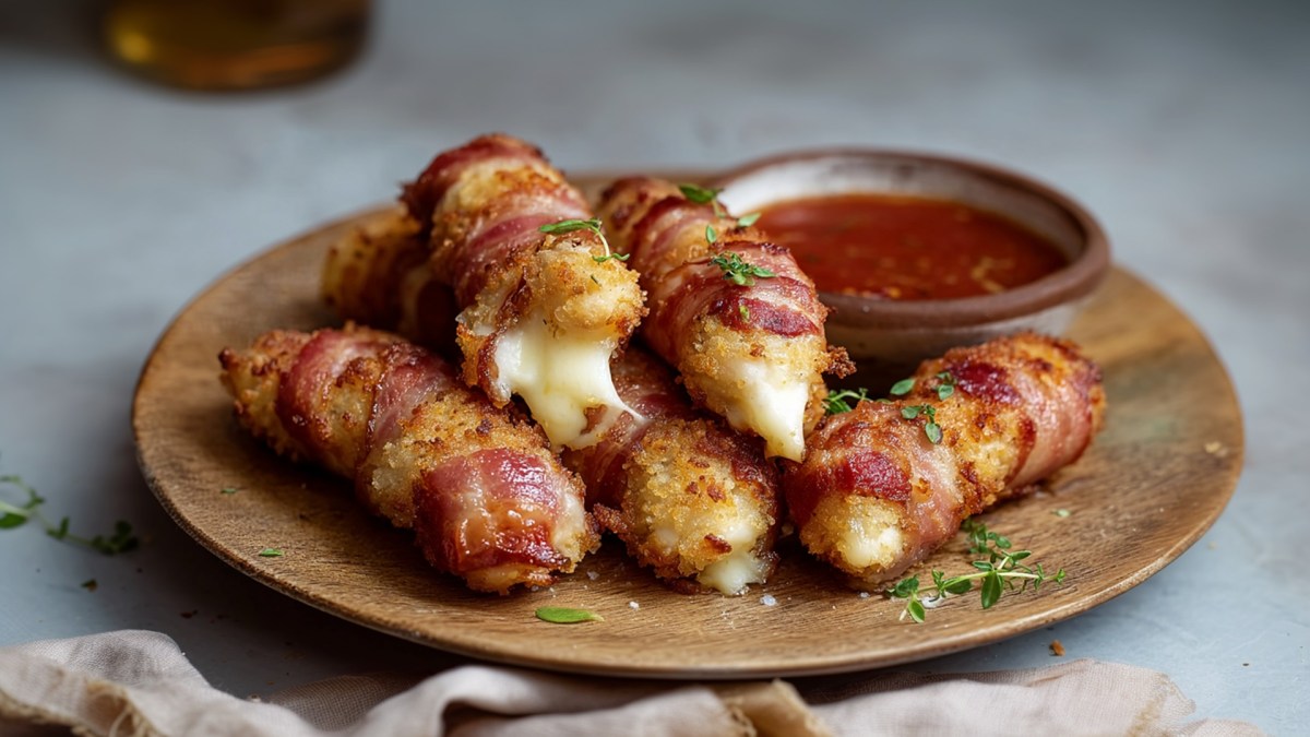 Ein runder Holzteller mit Bacon-Mozzarella-Sticks und einer Schale mit einem roten Dip. Im Vordergrund kann man ein drapiertes Küchenhandtuch erkennen.