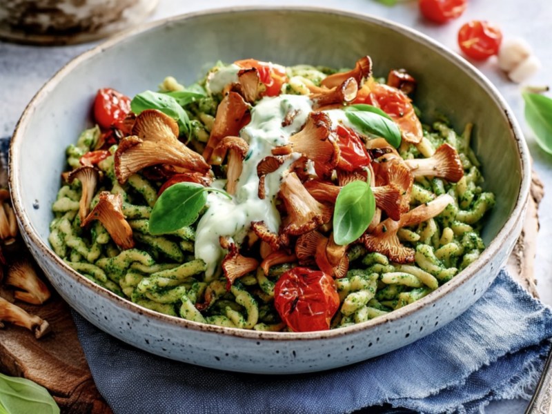 Eine Portion Basilikum-Spätzle mit Pfifferlingsragout.