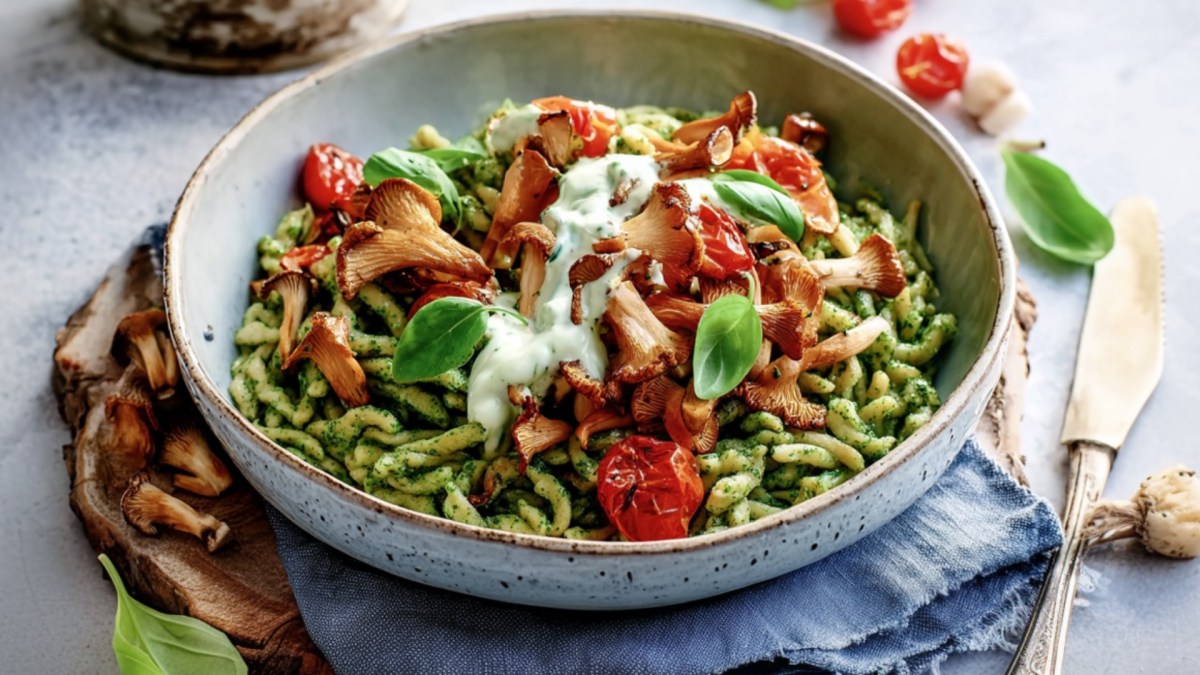 Eine Portion Basilikum-Spätzle mit Pfifferlingsragout.